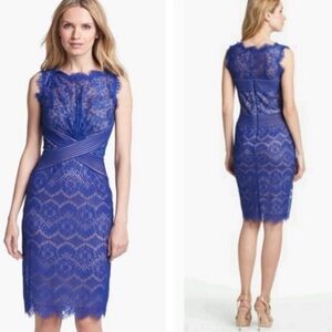 Tadashi Shoji size 16 lace sheath dress blue boat neck sleeveless stretch party